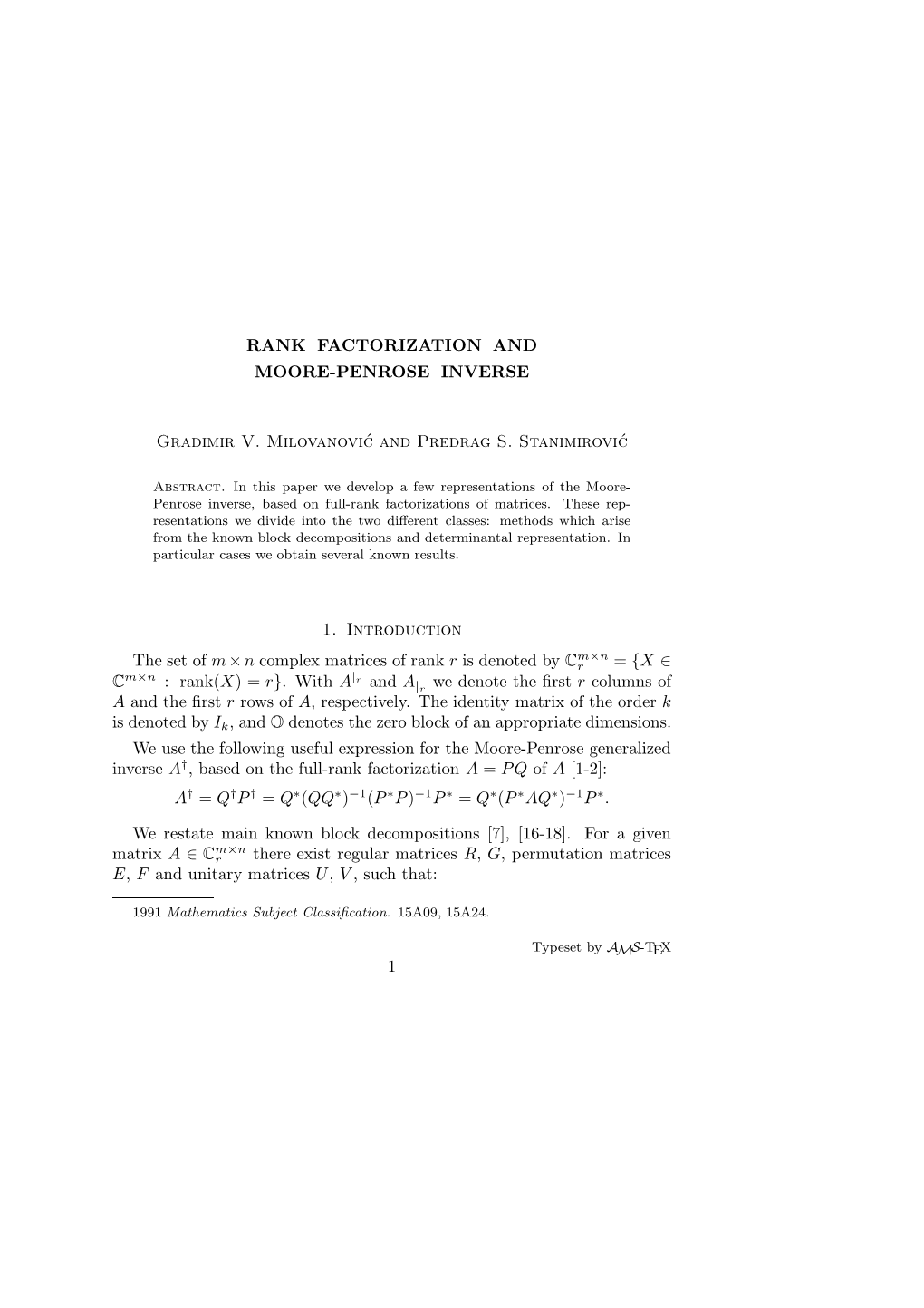 RANK FACTORIZATION and MOORE-PENROSE INVERSE Gradimir V