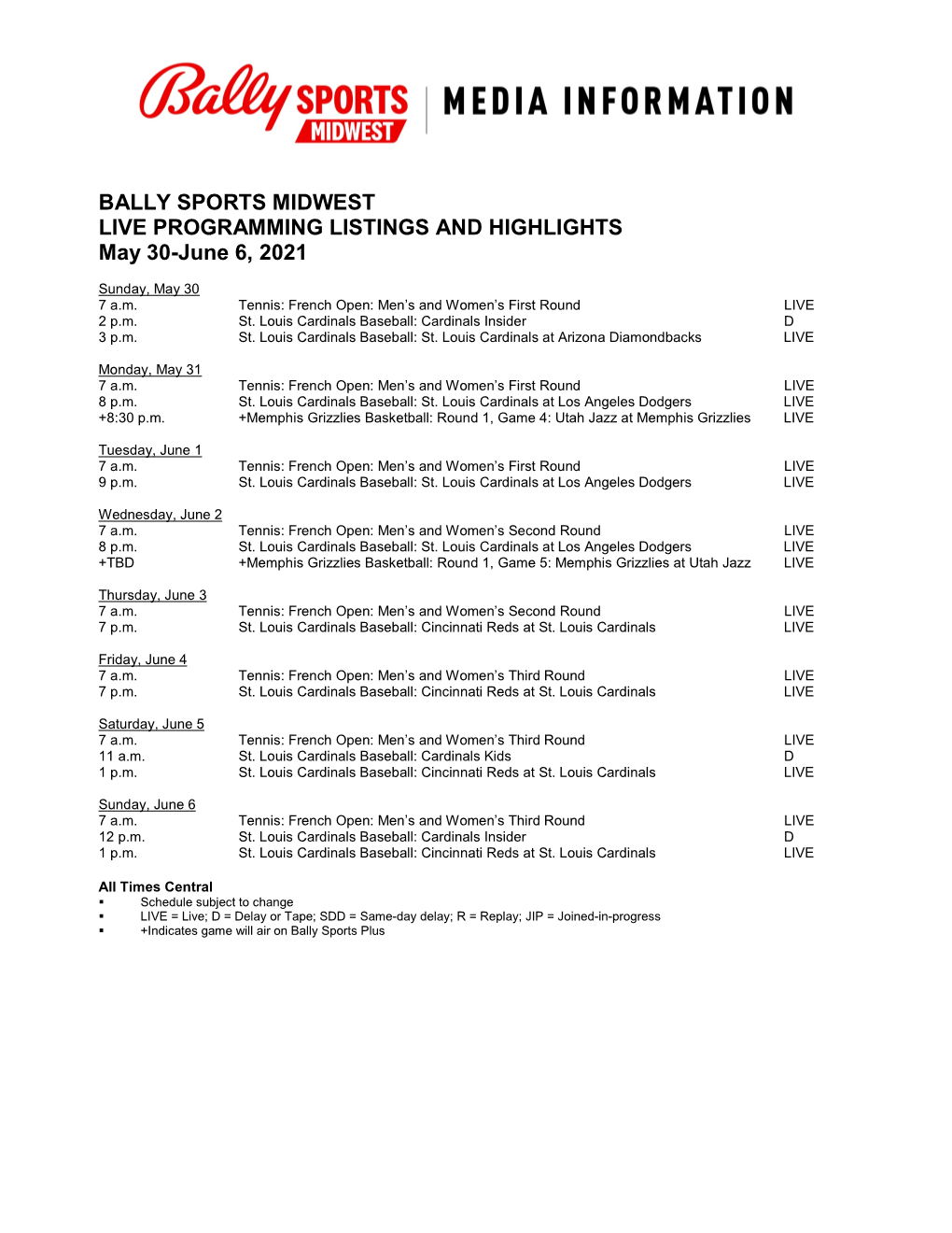 BALLY SPORTS MIDWEST LIVE PROGRAMMING LISTINGS and HIGHLIGHTS May 30-June 6, 2021