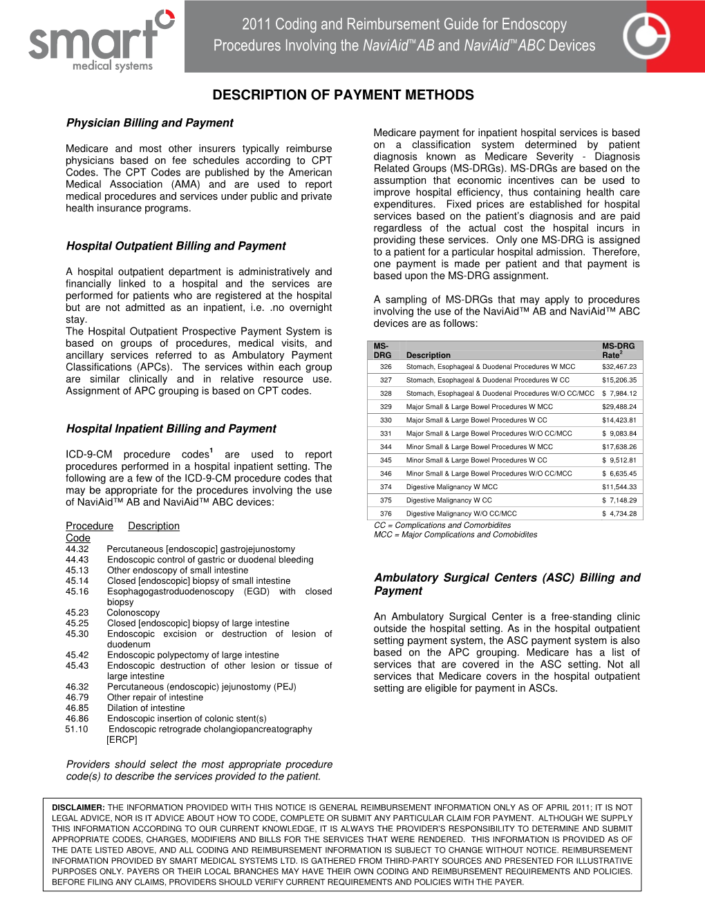 2011 Coding and Reimbursement Guide for Endoscopy Procedures Involving the Naviaid ™ AB and Naviaid ™ABC Devices