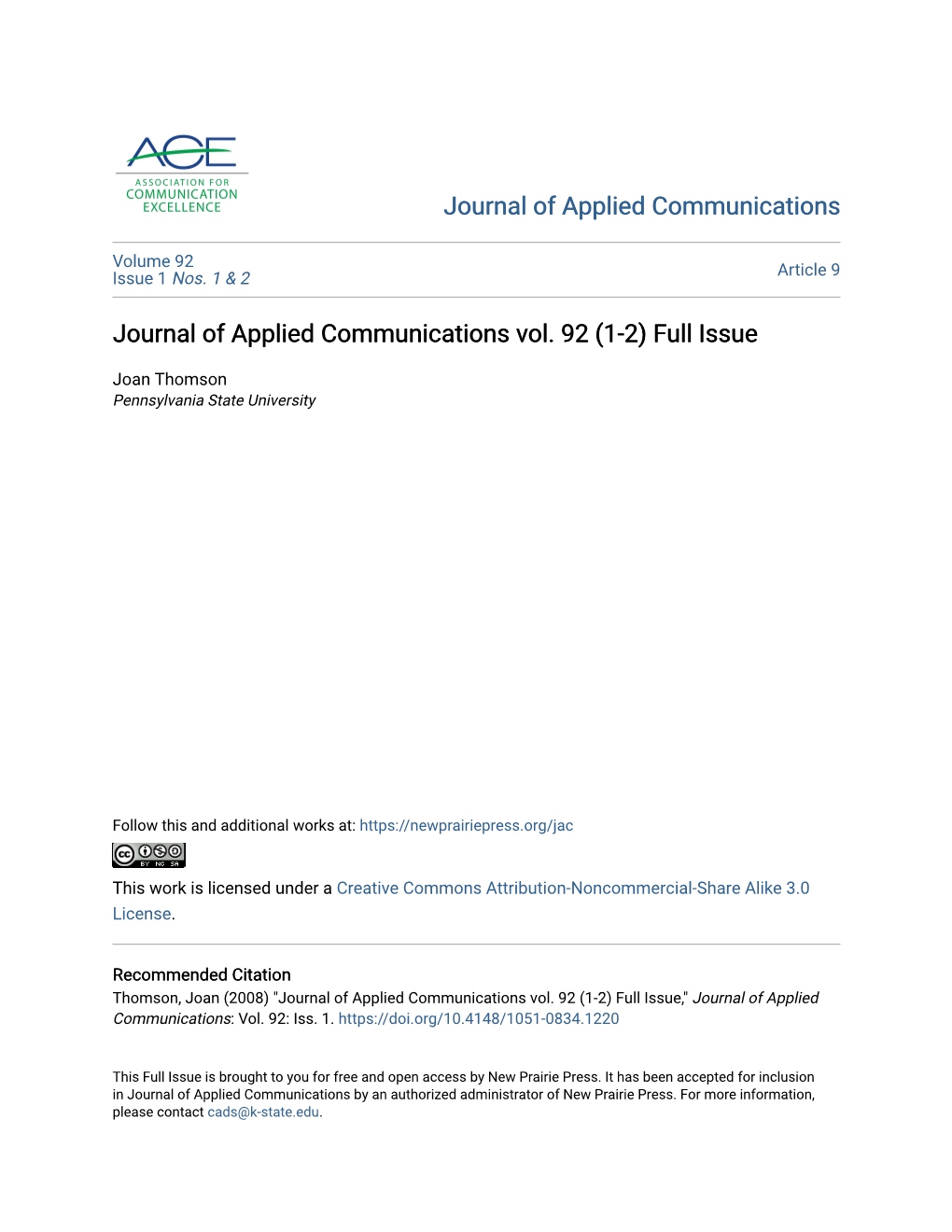 Journal of Applied Communications Vol. 92 (1-2) Full Issue