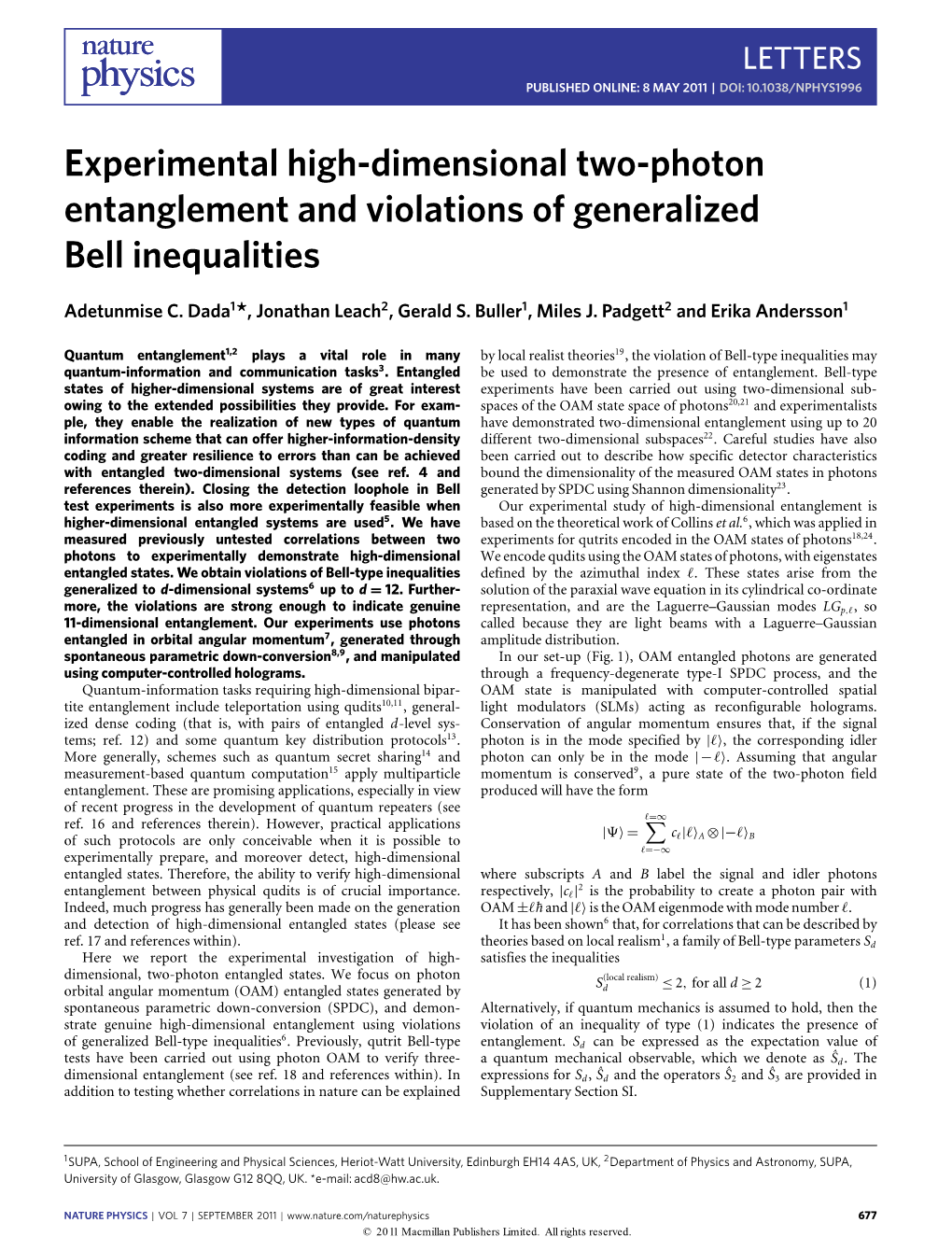 Experimental High-Dimensional Two-Photon Entanglement and Violations of Generalized Bell Inequalities