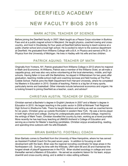 Deerfield Academy New Faculty Bios 2015