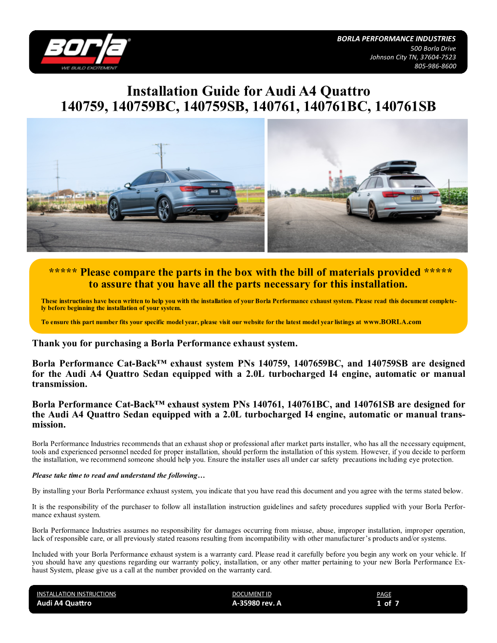 Installation Guide for Audi A4 Quattro 140759, 140759BC, 140759SB, 140761, 140761BC, 140761SB