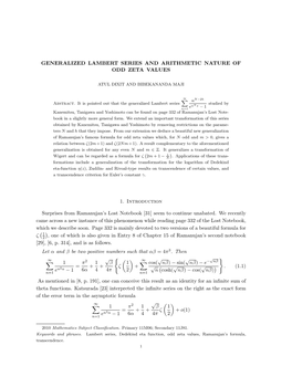 Generalized Lambert Series and Arithmetic Nature of Odd Zeta Values