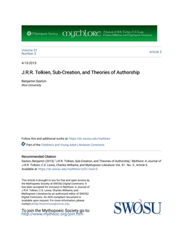 J.R.R. Tolkien, Sub-Creation, and Theories of Authorship