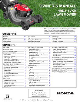 Owner's Manual Hrn216vka Lawn Mower