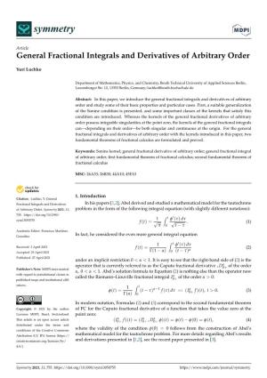 General Fractional Integrals and Derivatives of Arbitrary Order