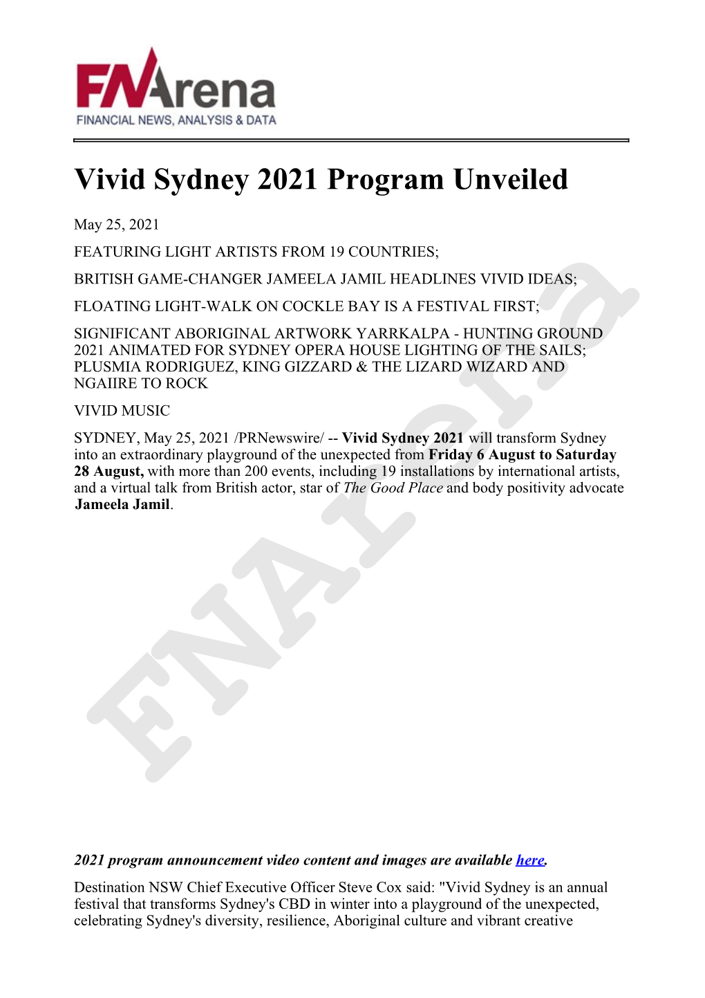 Vivid Sydney 2021 Program Unveiled