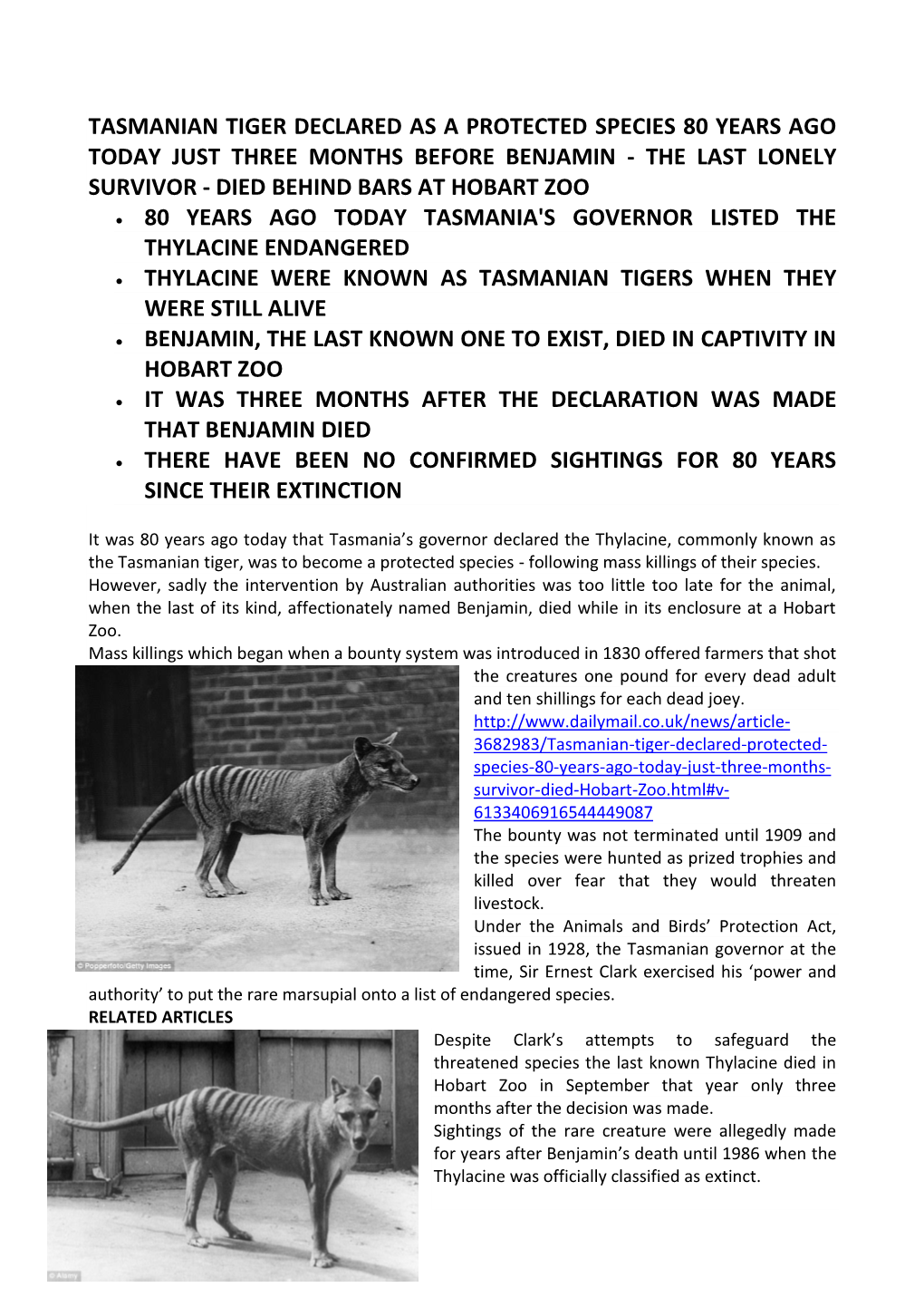 Tasmanian Tiger Declared As a Protected Species 80 Years Ago Today Just Three Months Before Benjamin