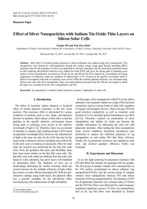 Effect of Silver Nanoparticles with Indium Tin Oxide Thin Layers on Silicon Solar Cells