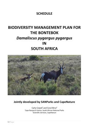 BIODIVERSITY MANAGEMENT PLAN for the BONTEBOK Damaliscus Pygargus Pygargus in SOUTH AFRICA