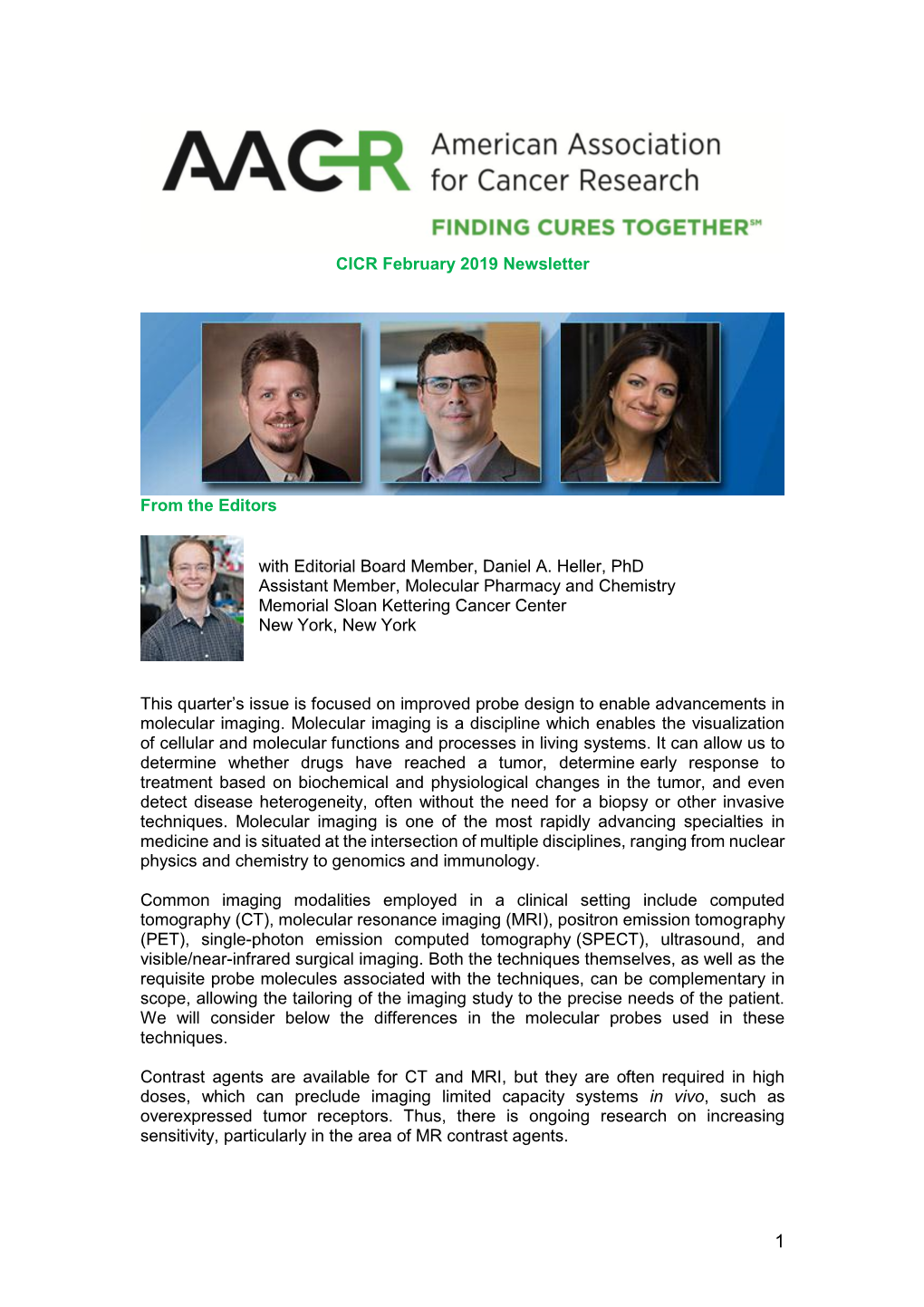 CICR February 2019 Newsletter from the Editors with Editorial Board Member, Daniel A. Heller, Phd Assistant Member, Molecular Ph