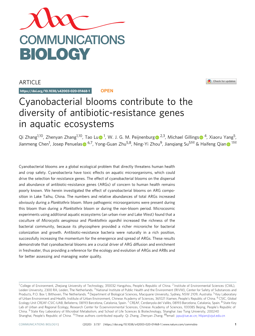 Cyanobacterial Blooms Contribute to the Diversity of Antibiotic-Resistance Genes in Aquatic Ecosystems