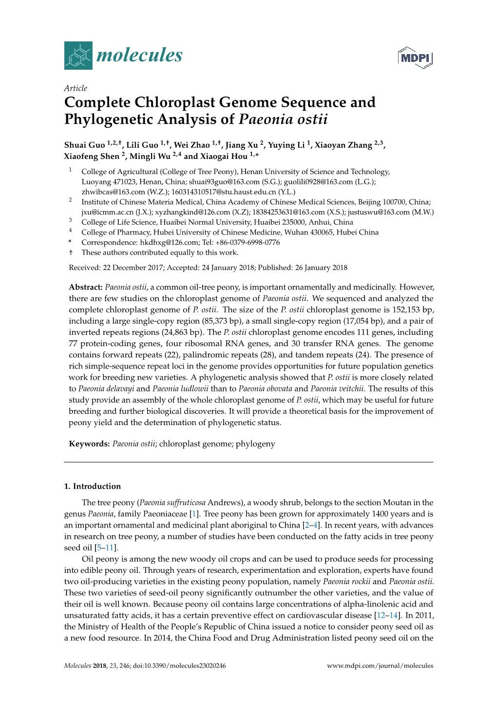 Complete Chloroplast Genome Sequence and Phylogenetic Analysis of Paeonia Ostii