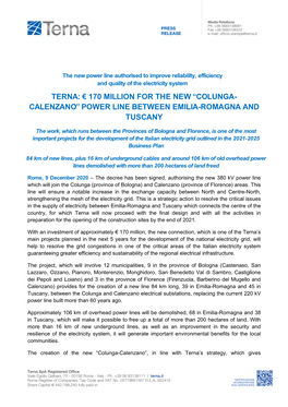 Terna: € 170 Million for the New “Colunga- Calenzano” Power Line Between Emilia-Romagna and Tuscany