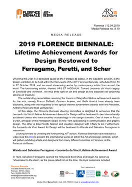 2019 FLORENCE BIENNALE: Lifetime Achievement Awards for Design Bestowed to Ferragamo, Peretti, and Scher