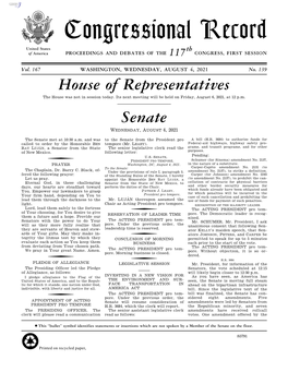 Congressional Record United States Th of America PROCEEDINGS and DEBATES of the 117 CONGRESS, FIRST SESSION