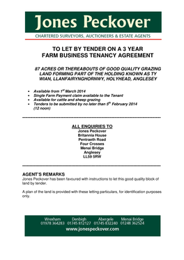 To Let by Tender on a 3 Year Farm Business Tenancy Agreement