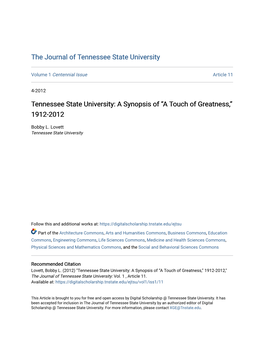 Tennessee State University: a Synopsis of “A Touch of Greatness,” 1912-2012
