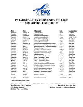Paradise Valley Community College 2020 Softball Schedule