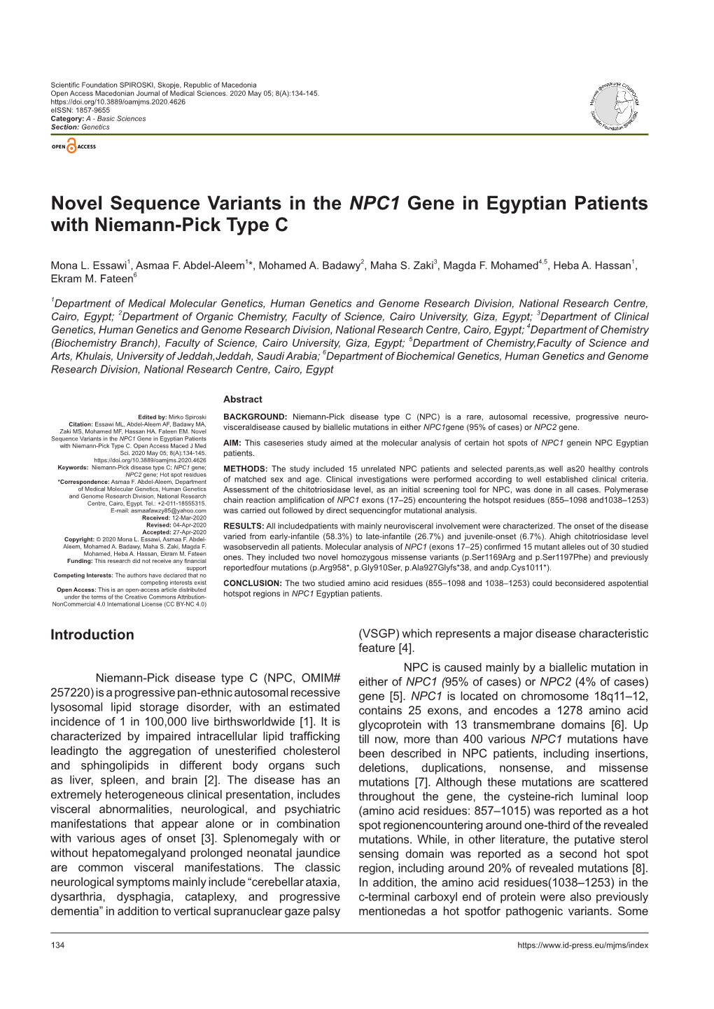 Novel Sequence Variants in the NPC1 Gene in Egyptian Patients with Niemann-Pick Type C