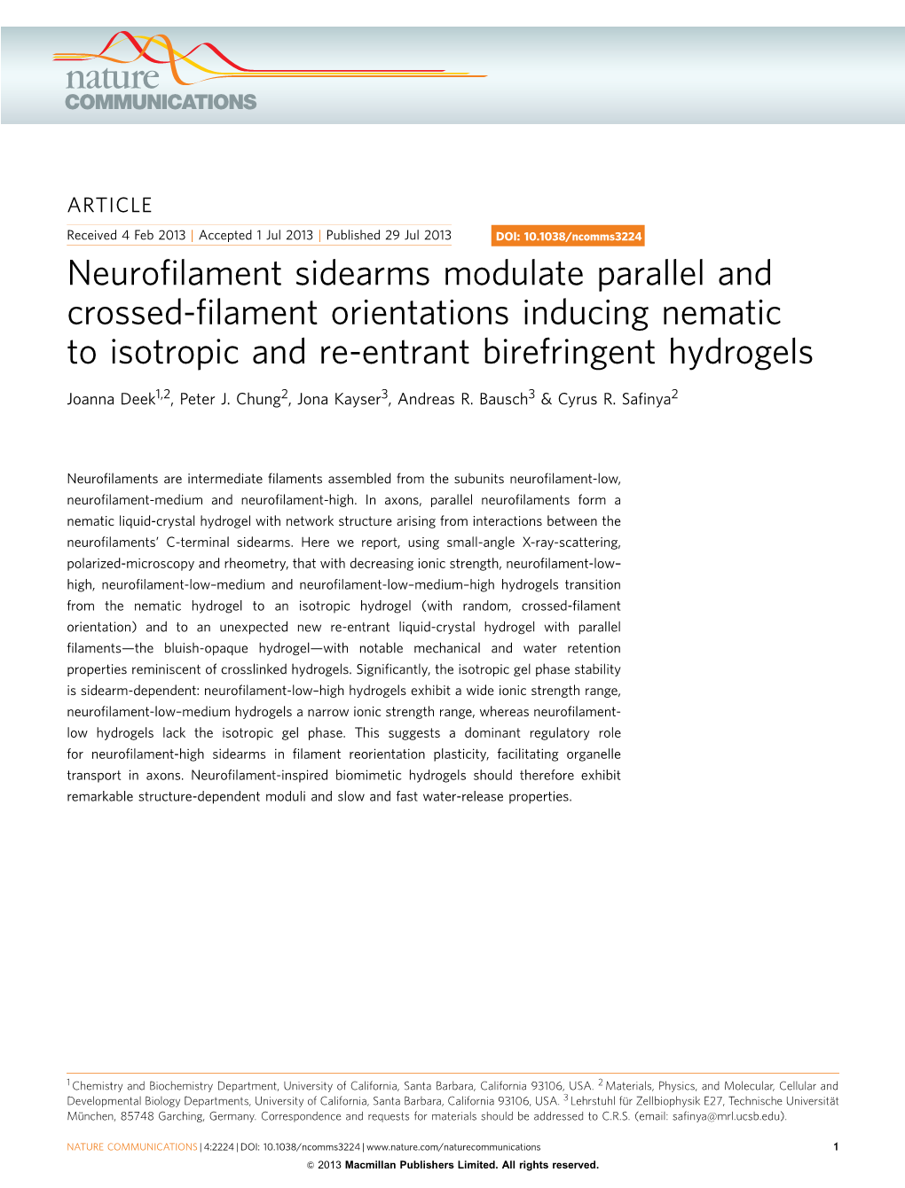 Neurofilament Sidearms Modulate Parallel and Crossed-Filament