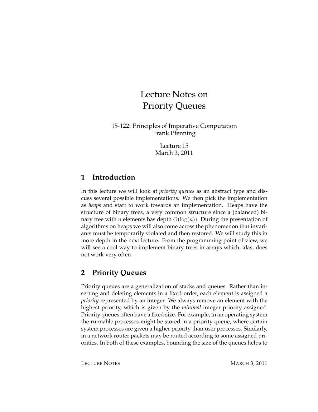 Lecture Notes on Priority Queues
