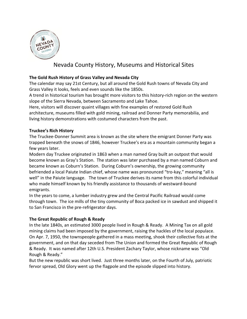 Nevada County History, Museums and Historical Sites