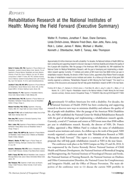 Rehabilitation Research at the National Institutes of Health: Moving the Field Forward (Executive Summary)