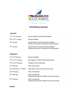 2019 Sailing Calendar