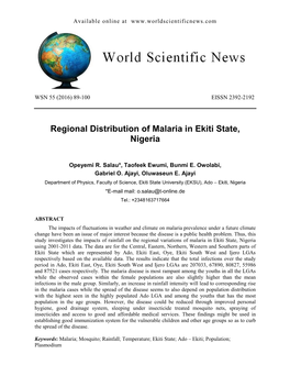 Regional Distribution of Malaria in Ekiti State, Nigeria
