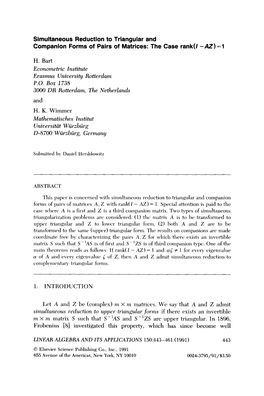 Simultaneous Reduction to Triangular and Companion Forms of Pairs of Matrices: the Case Rank(/ -AZ) =L