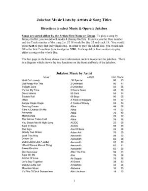 Jukebox Music Lists by Artists & Song Titles