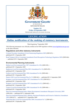 Government Gazette of the STATE of NEW SOUTH WALES Number 131 Friday, 18 September 2009 Published Under Authority by Government Advertising