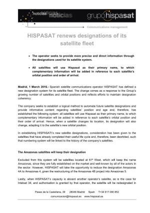 HISPASAT Renews Designations of Its Satellite Fleet