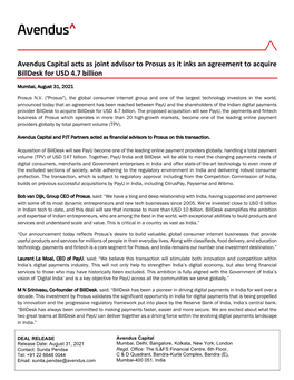 Avendus Capital Acts As Joint Advisor to Prosus As It Inks an Agreement to Acquire Billdesk for USD 4.7 Billion