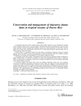 Conservation and Management of Migratory Fauna: Dams in Tropical Streams of Puerto Rico
