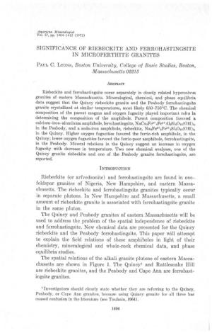 SIGNIFICANCE of RIEBECKITE and FERROHASTINGSITE in MICROPERTHITE GRANITES Peur, C