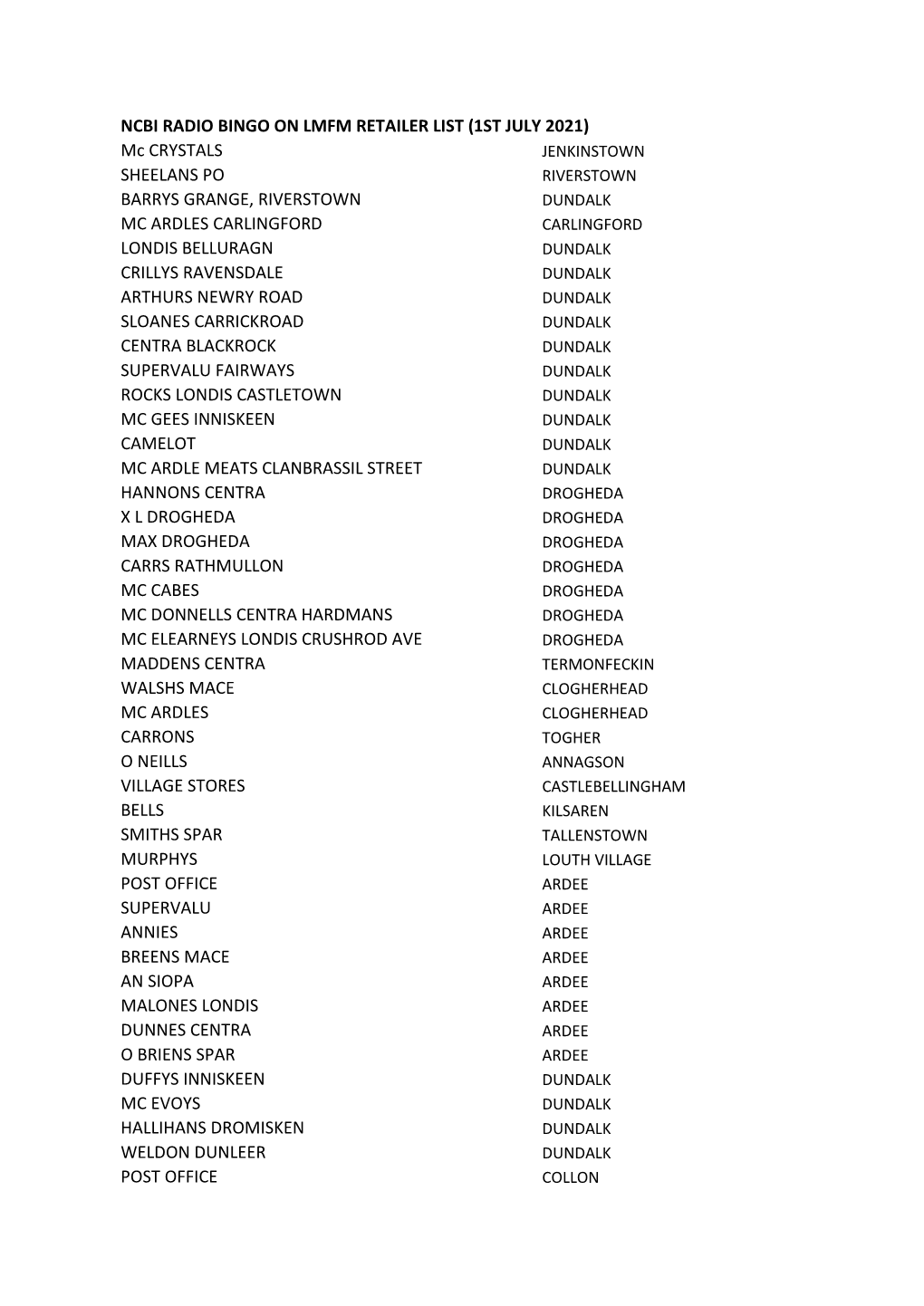 Ncbi Radio Bingo on Lmfm Retailer List (1St July 2021)