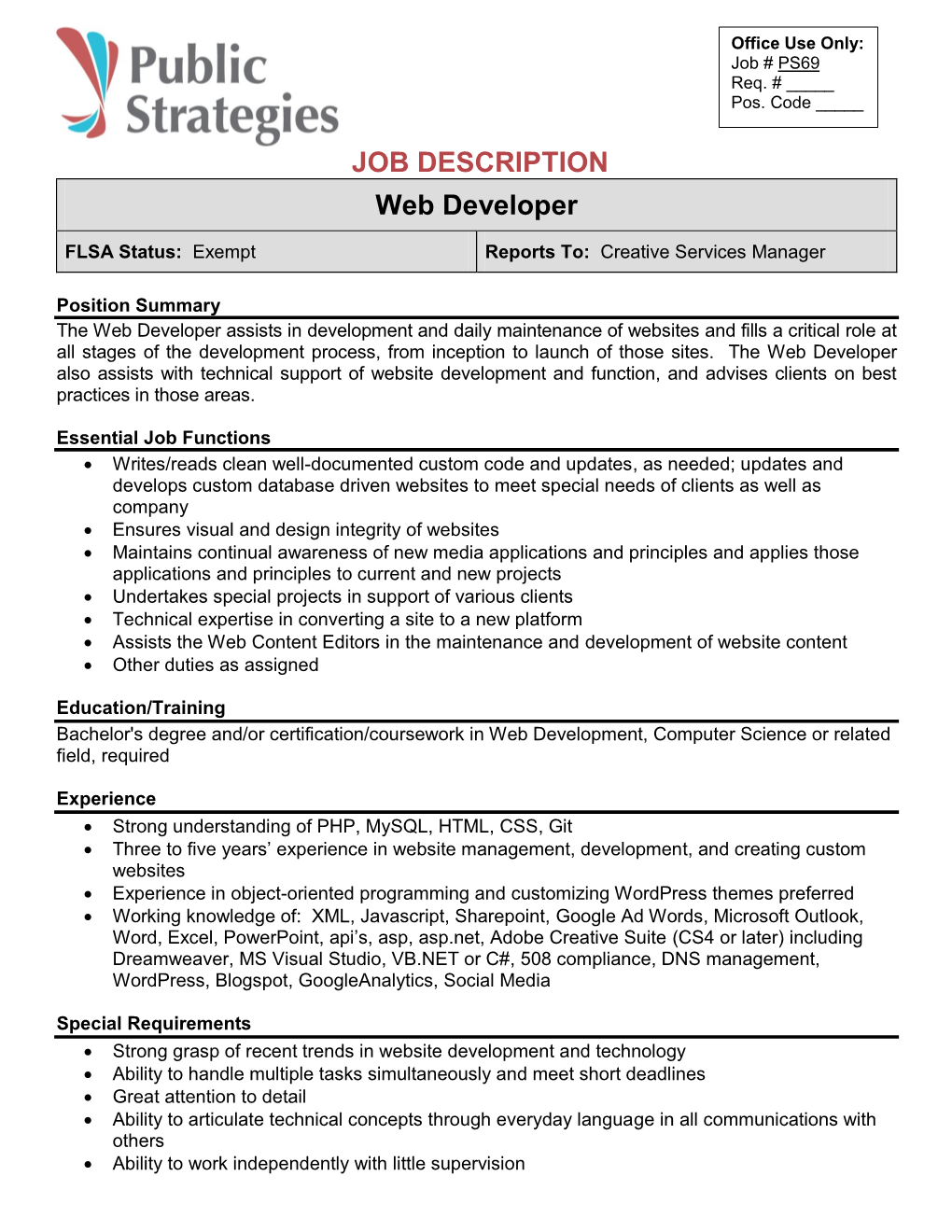 JOB DESCRIPTION Web Developer