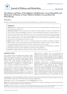 The Efficacy and Safety of Teneligliptin and Metformin Versus Glimepiride and Metformin in Patients of Type-2 Diabetes Mellitus Uncontrolled with Monotherapy