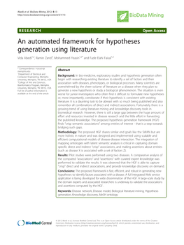 An Automated Framework for Hypotheses Generation Using Literature Vida Abedi1,2, Ramin Zand3, Mohammed Yeasin1,2* and Fazle Elahi Faisal1,2