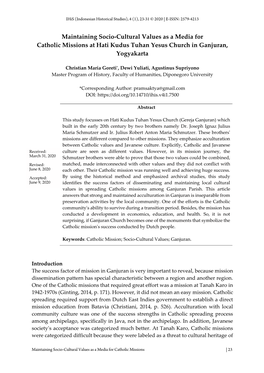 Maintaining Socio-Cultural Values As a Media for Catholic Missions at Hati Kudus Tuhan Yesus Church in Ganjuran, Yogyakarta