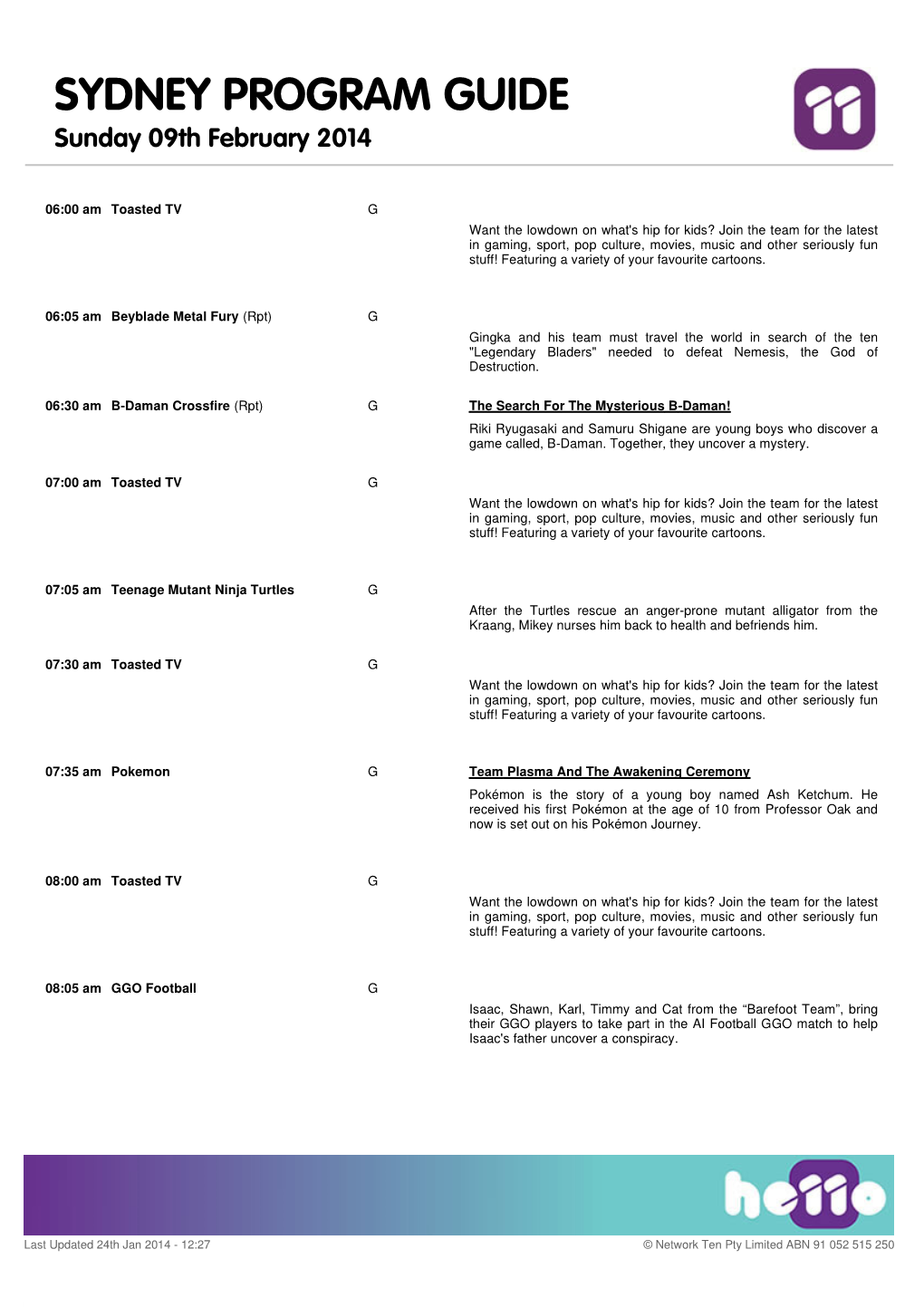 SYDNEY PROGRAM GUIDE Sunday 09Th February 2014