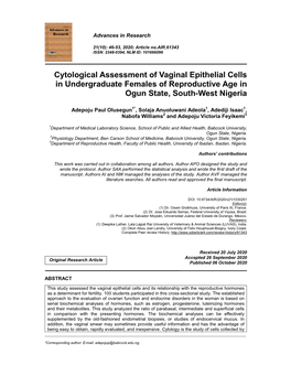 Cytological Assessment of Vaginal Epithelial Cells in Undergraduate Females of Reproductive Age in Ogun State, South-West Nigeria