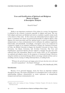 Uses and Gratification of Spiritual and Religious Music in Egypt: a Descriptive Analysis