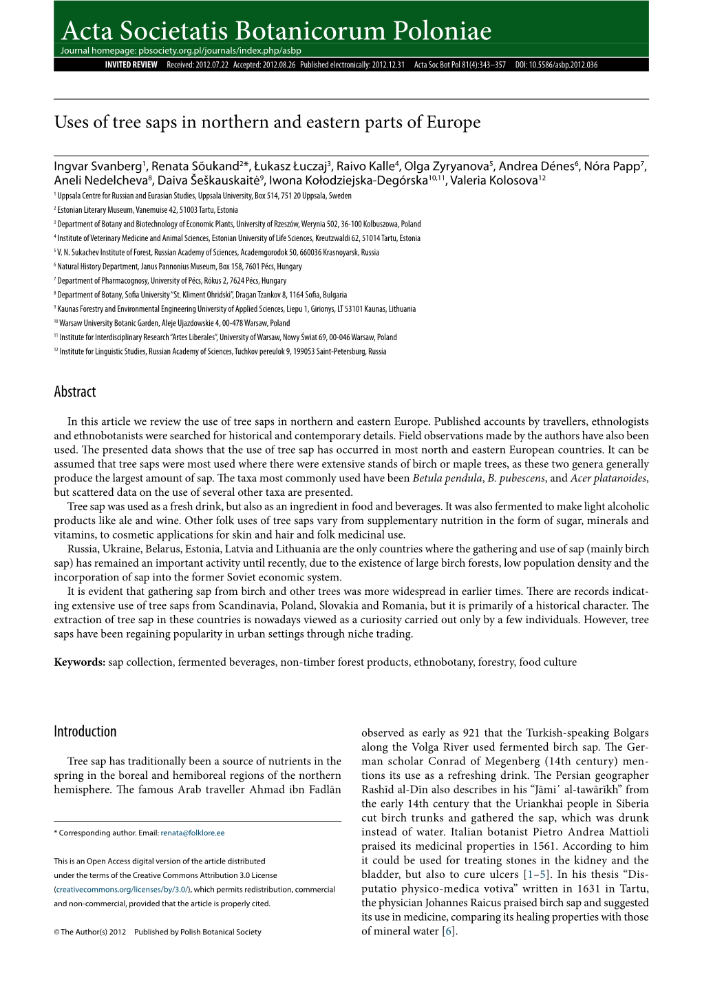 Uses of Tree Saps in Northern and Eastern Parts of Europe