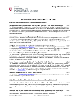 Drug Information Center Highlights of FDA Activities – 2/1/21 – 2/28/21