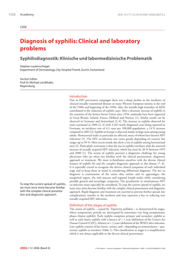 Diagnosis of Syphilis: Clinical and Laboratory Problems Syphilisdiagnostik: Klinische Und Labormedizinische Problematik