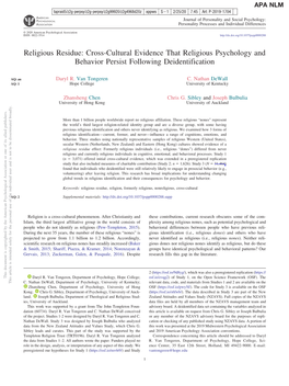 Religious Residue: Cross-Cultural Evidence That Religious Psychology and Behavior Persist Following Deidentification